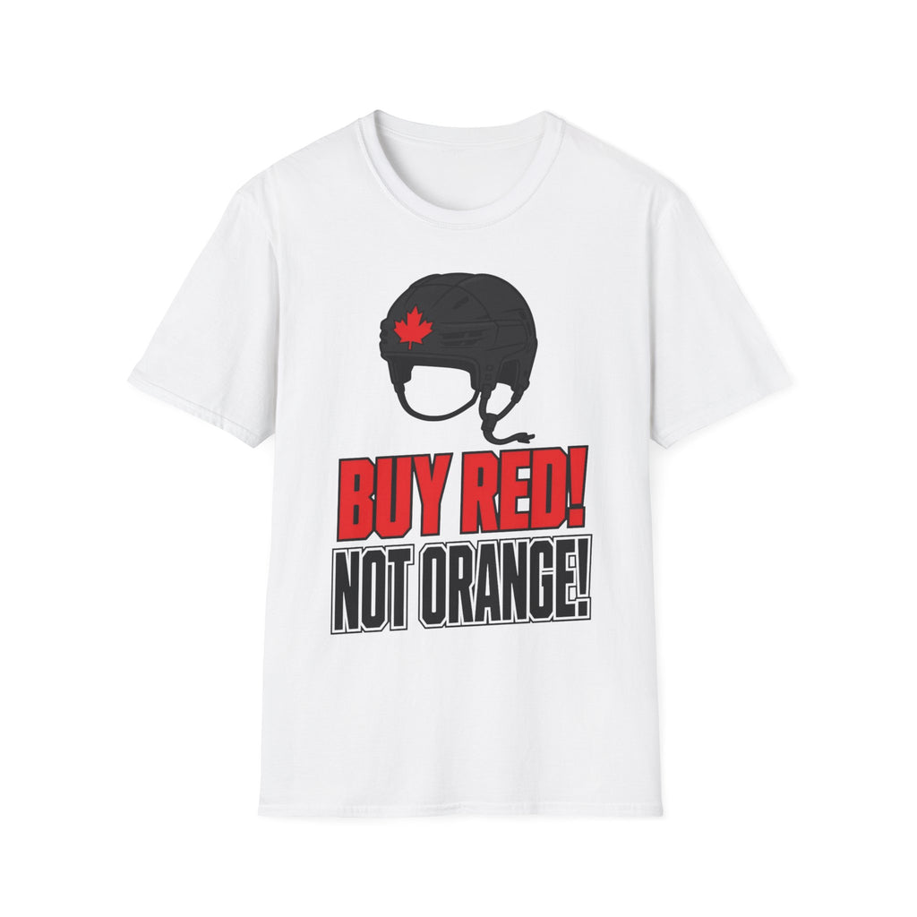 Hockey Helmet Tee — “Buy Red! Not Orange!” Canadian Maple Leaf Shirt