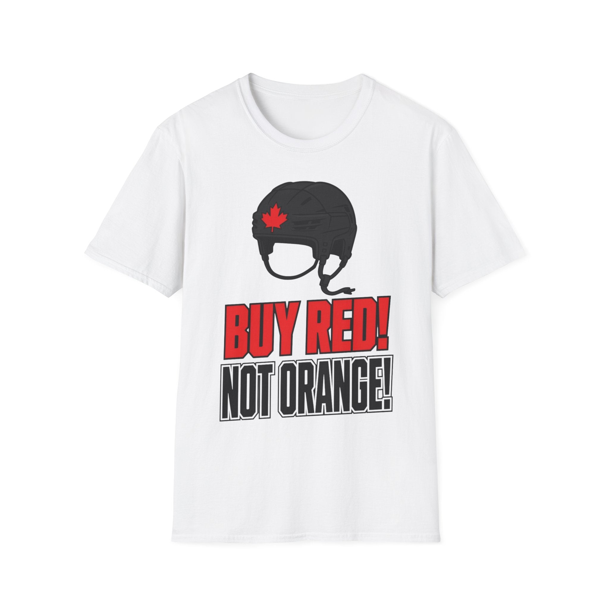 Hockey Helmet Tee — “Buy Red! Not Orange!” Canadian Maple Leaf Shirt