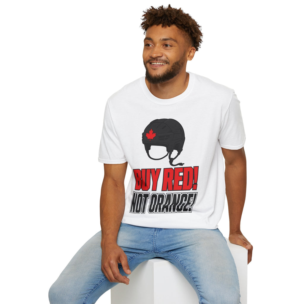 Hockey Helmet Tee — “Buy Red! Not Orange!” Canadian Maple Leaf Shirt
