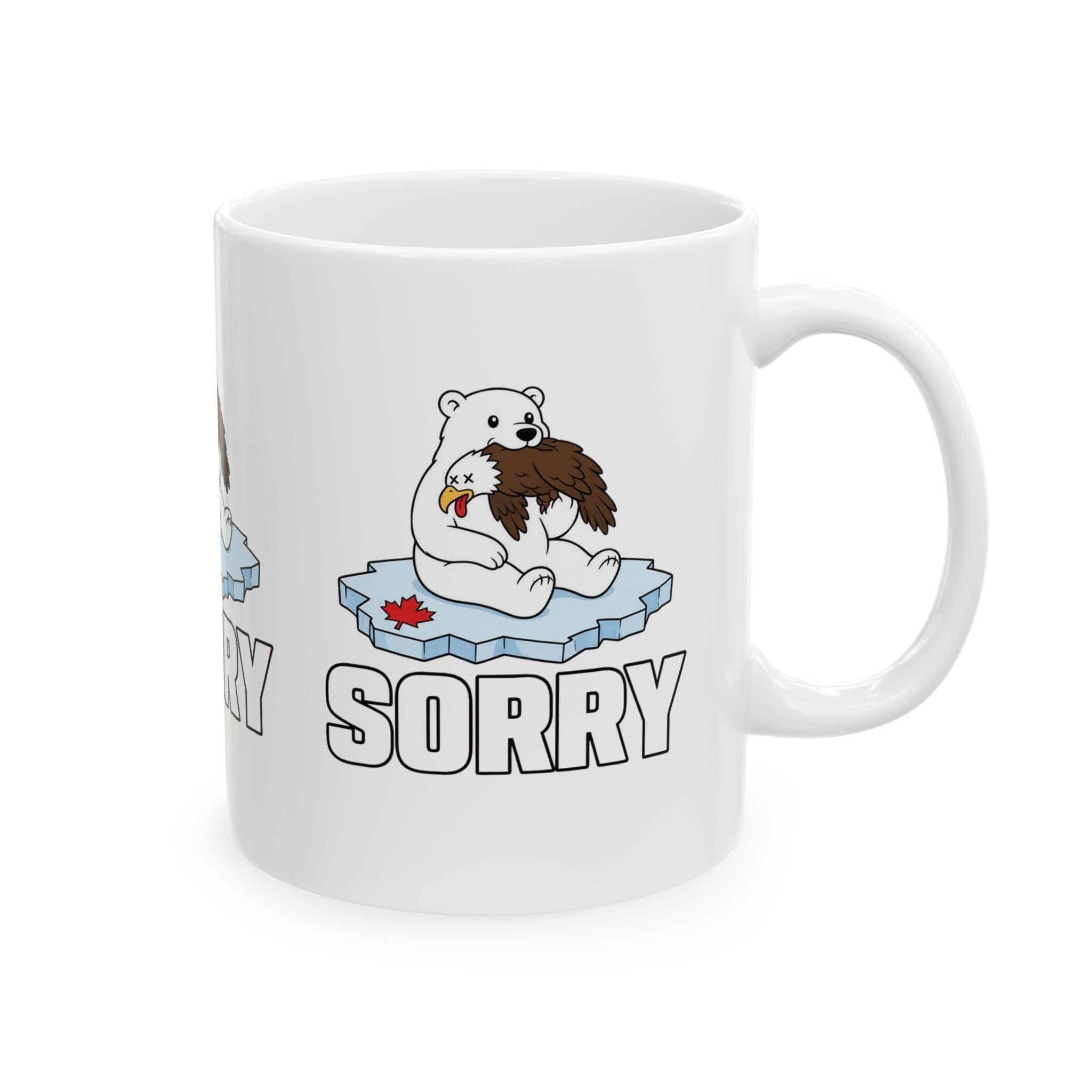Ceramic Mug — Cute Polar Bear Holding Beaver on Ice with "Sorry" Text (11oz, 15oz)