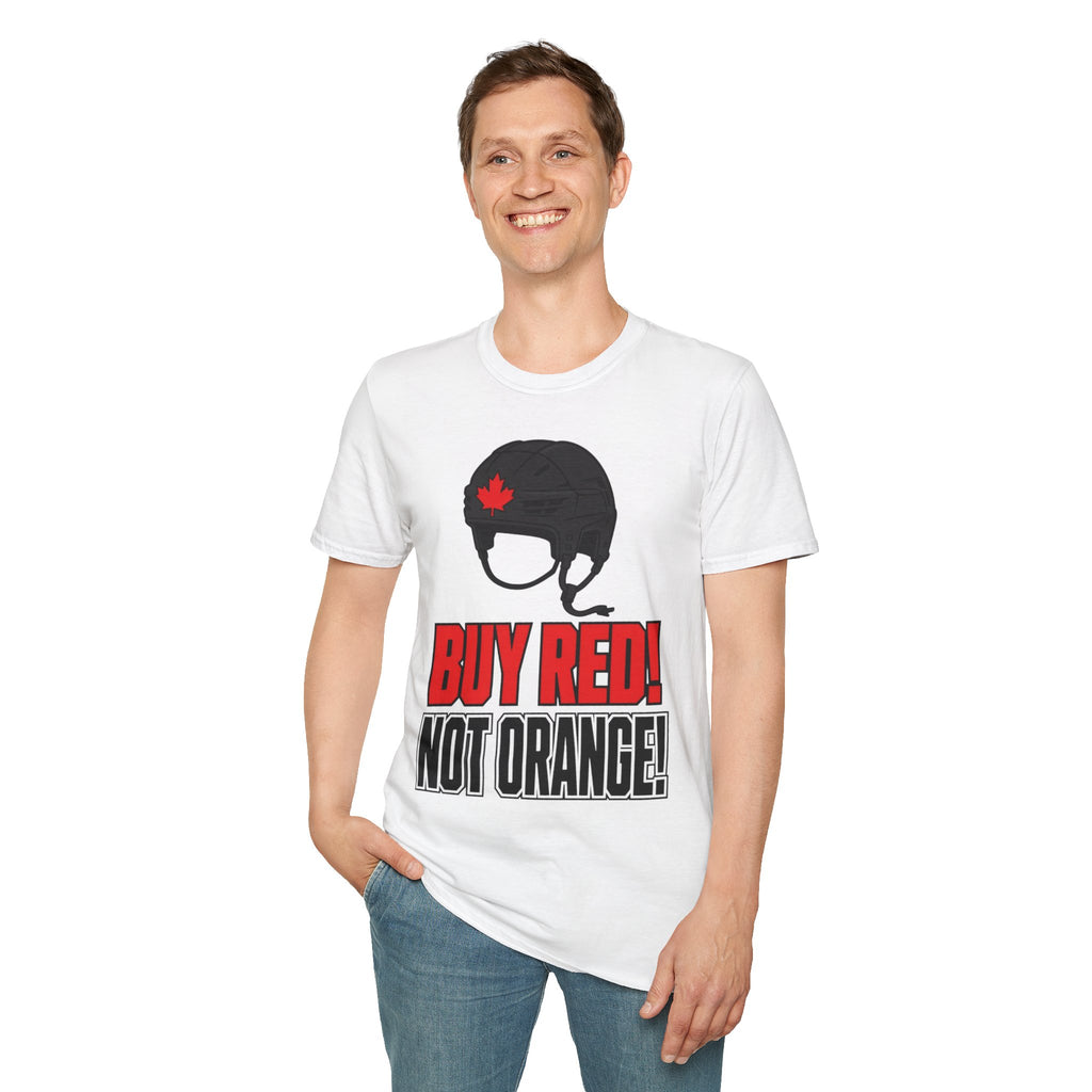 Hockey Helmet Tee — “Buy Red! Not Orange!” Canadian Maple Leaf Shirt