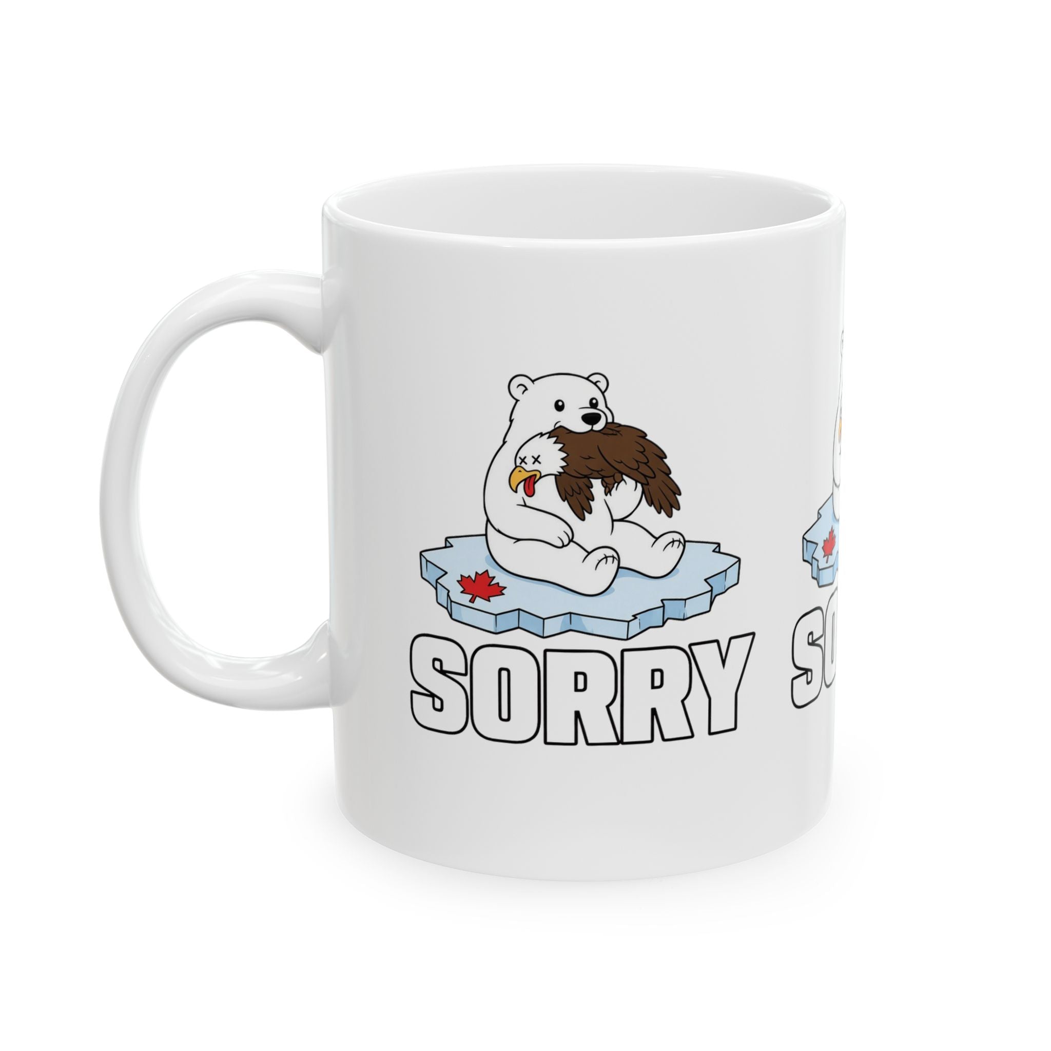 Ceramic Mug — Cute Polar Bear Holding Beaver on Ice with "Sorry" Text (11oz, 15oz)