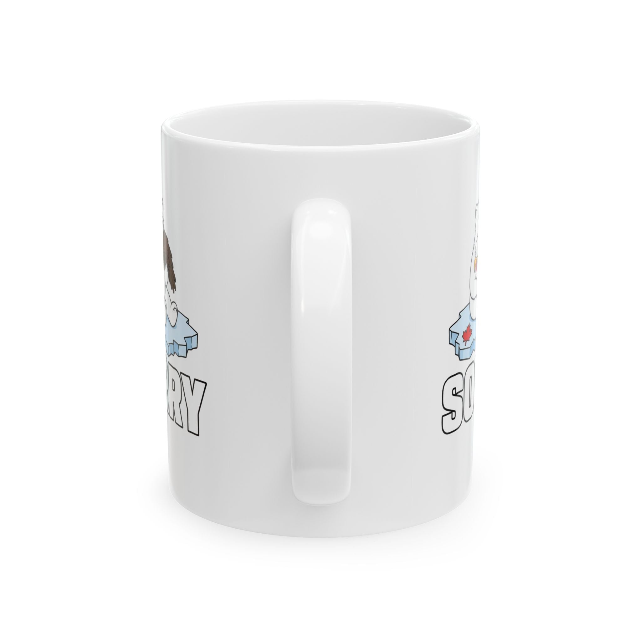 Ceramic Mug — Cute Polar Bear Holding Beaver on Ice with "Sorry" Text (11oz, 15oz)