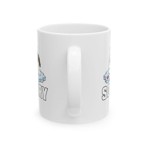 Ceramic Mug — Cute Polar Bear Holding Beaver on Ice with "Sorry" Text (11oz, 15oz)