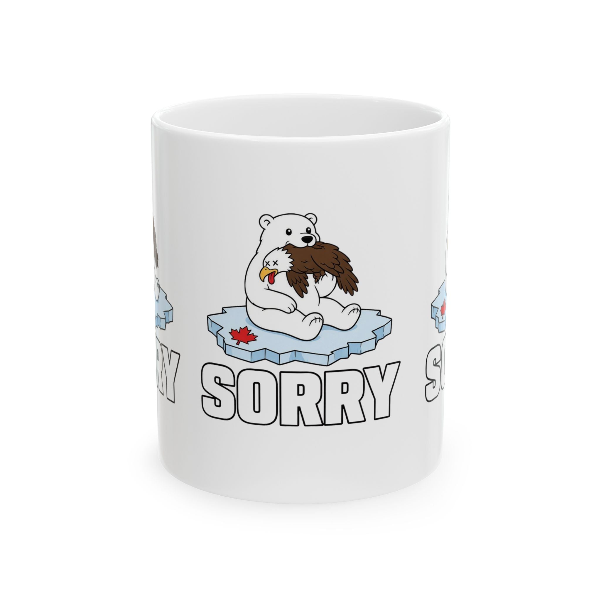 Ceramic Mug — Cute Polar Bear Holding Beaver on Ice with "Sorry" Text (11oz, 15oz)