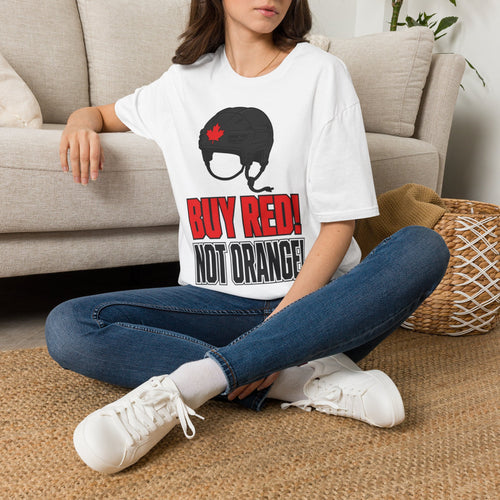 Hockey Helmet Tee — “Buy Red! Not Orange!” Canadian Maple Leaf Shirt