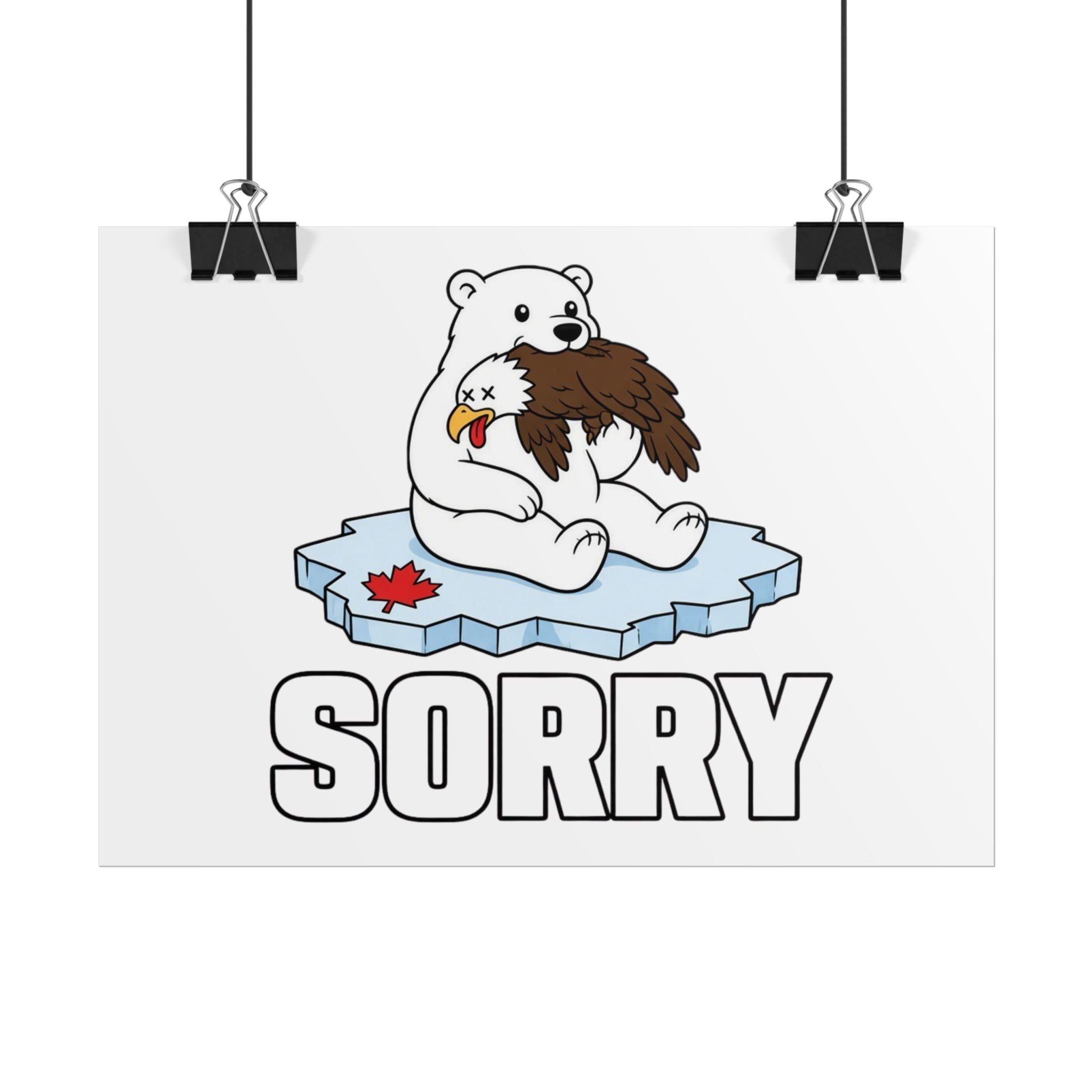 Rolled Poster — 'Sorry' Polar Bear on Ice with Maple Leaf (Funny Canadian Apology Art)